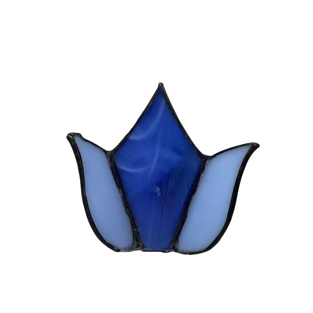 Handmade Stained Glass Dragonfly Holder and Pressed Flower Tulip Set Blue White